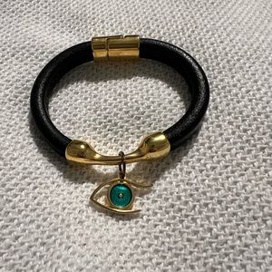 Evil Eye (teal) with brown thick leather bracelet and magnetic closure. New